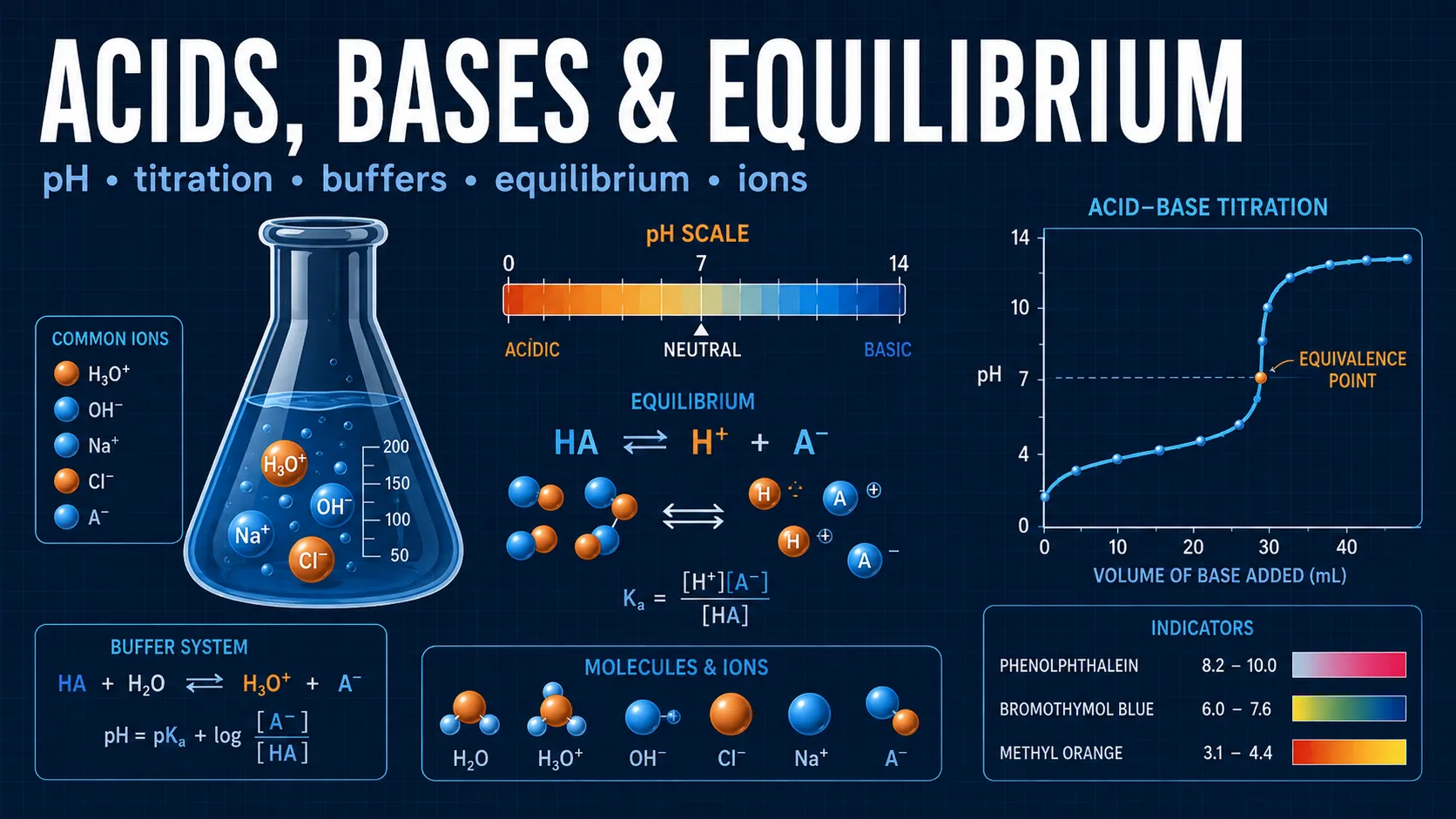 Acids, Bases & Equilibrium: Bases, and Equilibrium Learning Lab, showing labelled diagrams and key equations for acid base chemistry, pH, buffers, and titration.