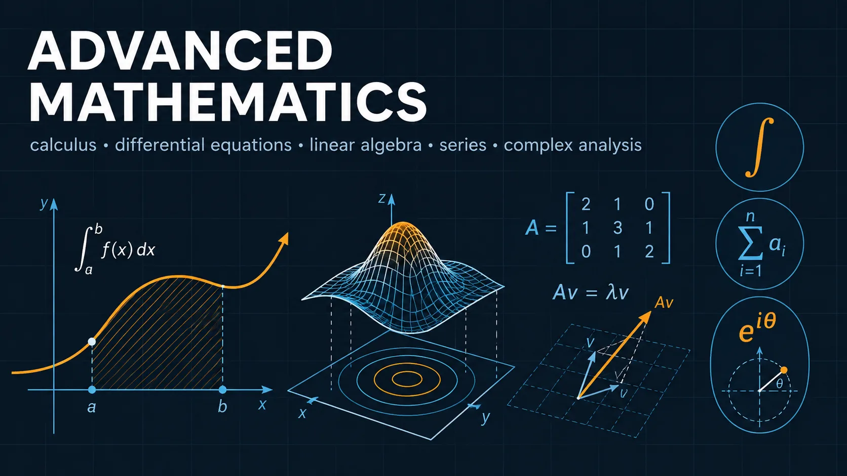 Advanced Math: labelled diagrams and key equations for calculus, numerical methods, regression, and Fourier series.