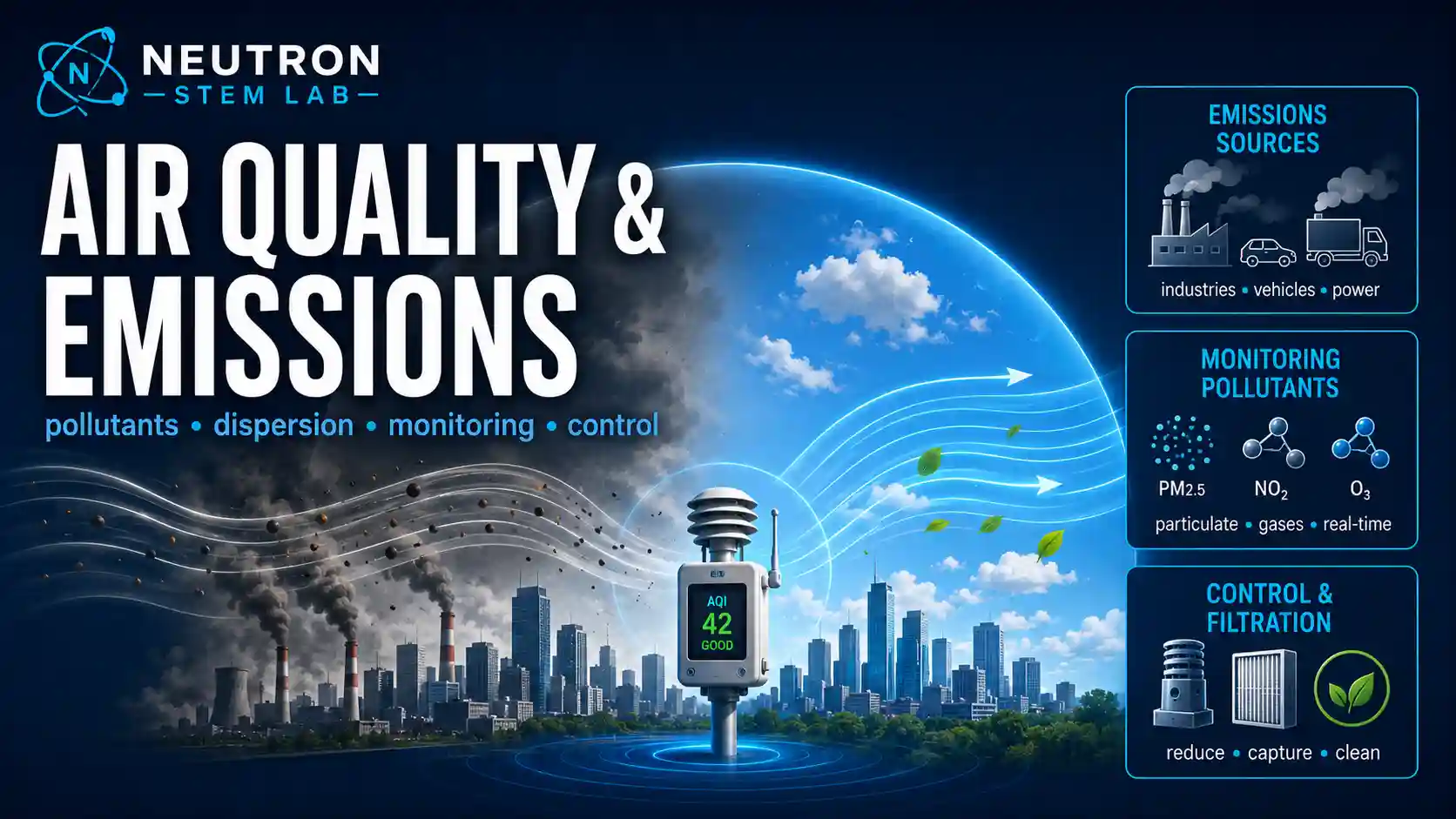 Air Quality & Emissions: labelled diagrams and key equations for air quality, emissions, dispersion, and ventilation.