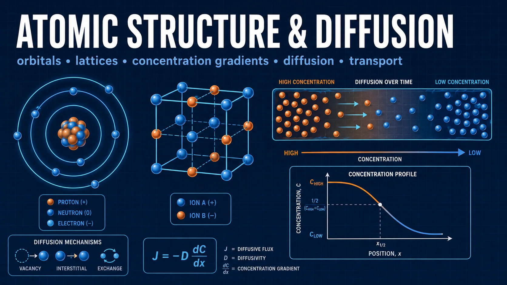 Atomic Structure & Diffusion: labelled diagrams and key equations for crystallography, diffusion, XRD, and defects.