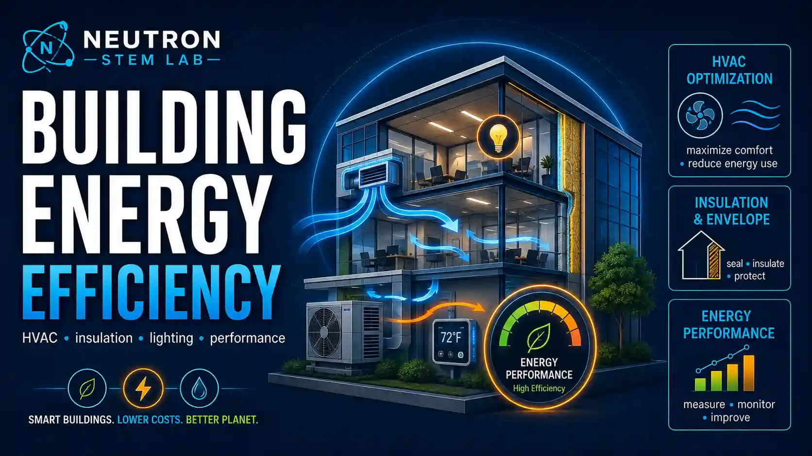 Building Energy & Efficiency: labelled diagrams and key equations for building energy, efficiency, HVAC, and insulation.