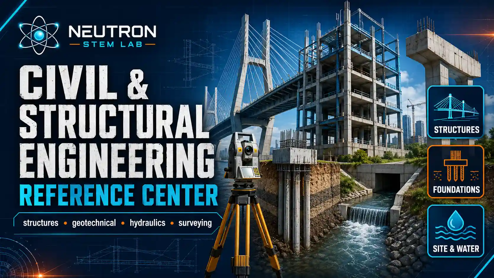 Civil Reference Center: labelled diagrams and key equations for civil engineering reference, materials, loads, and soils.