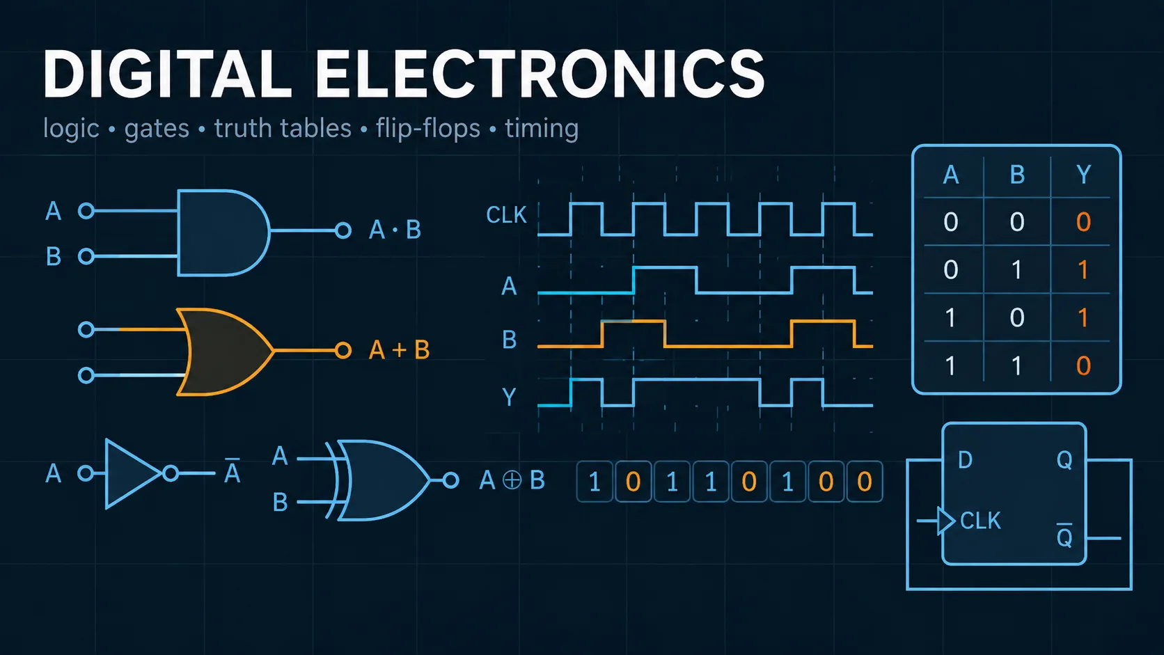 Digital Electronics: labelled diagrams and key equations for digital electronics, logic, Boolean algebra, and binary arithmetic.