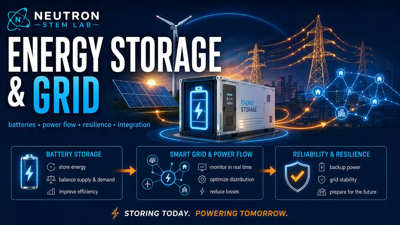 Energy Storage & Grid: labelled diagrams and key equations for battery, storage, grid, and microgrid.