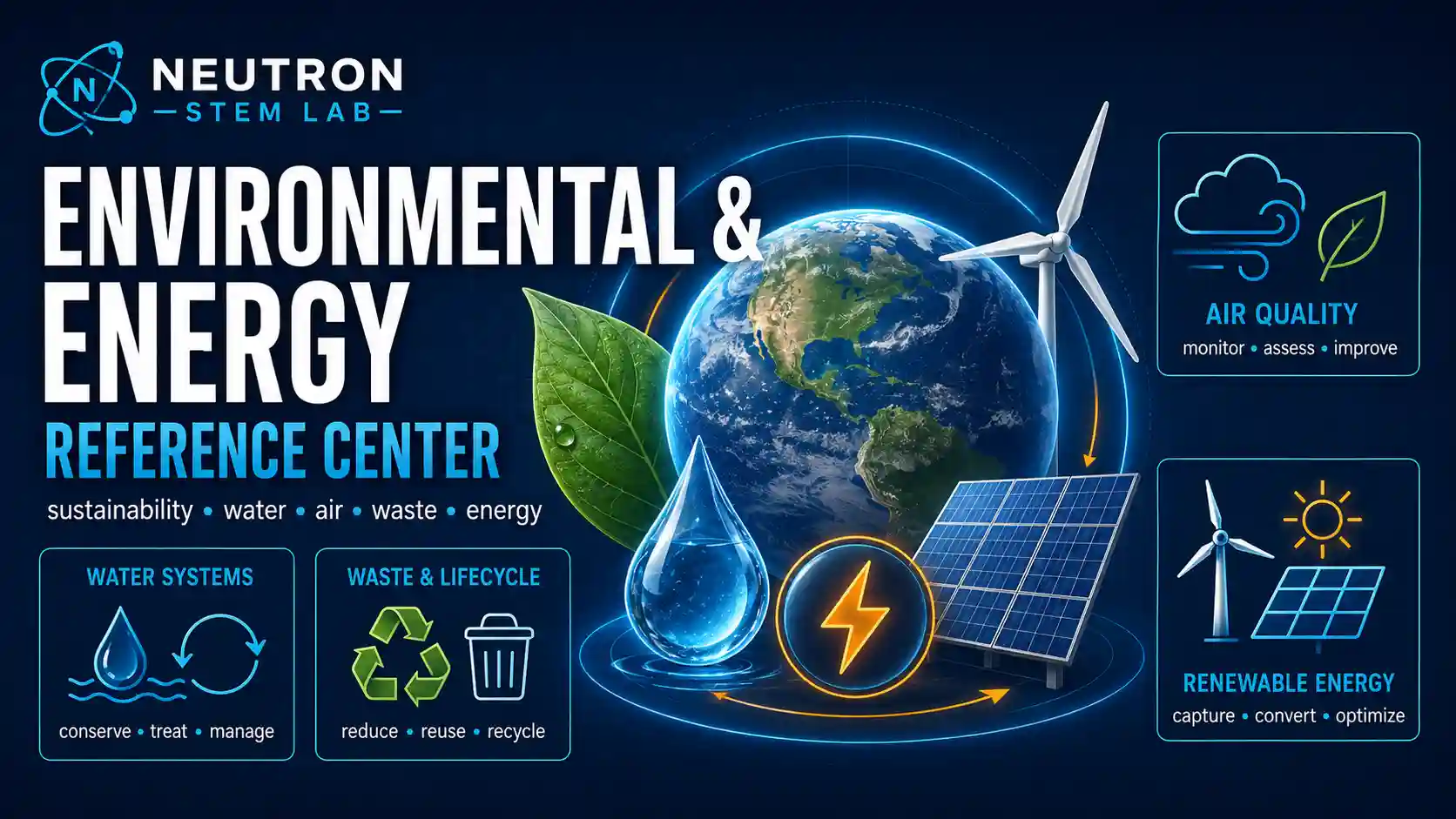Environmental & Energy Reference: labelled diagrams and key equations for reference, environment, energy, and equations.
