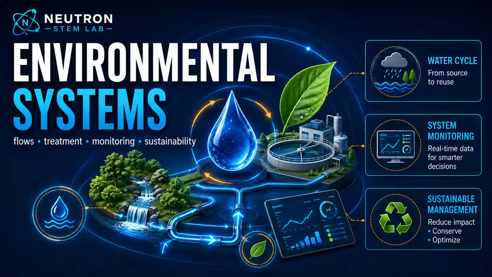 Environmental Systems: labelled diagrams and key equations for mass balance, pollution, risk, and carbon.