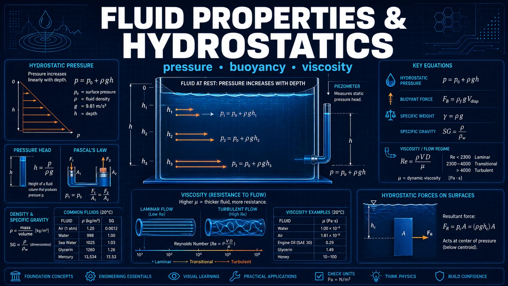 Fluid Properties & Hydrostatics: labelled diagrams and key equations for density, pressure, buoyancy, and viscosity.