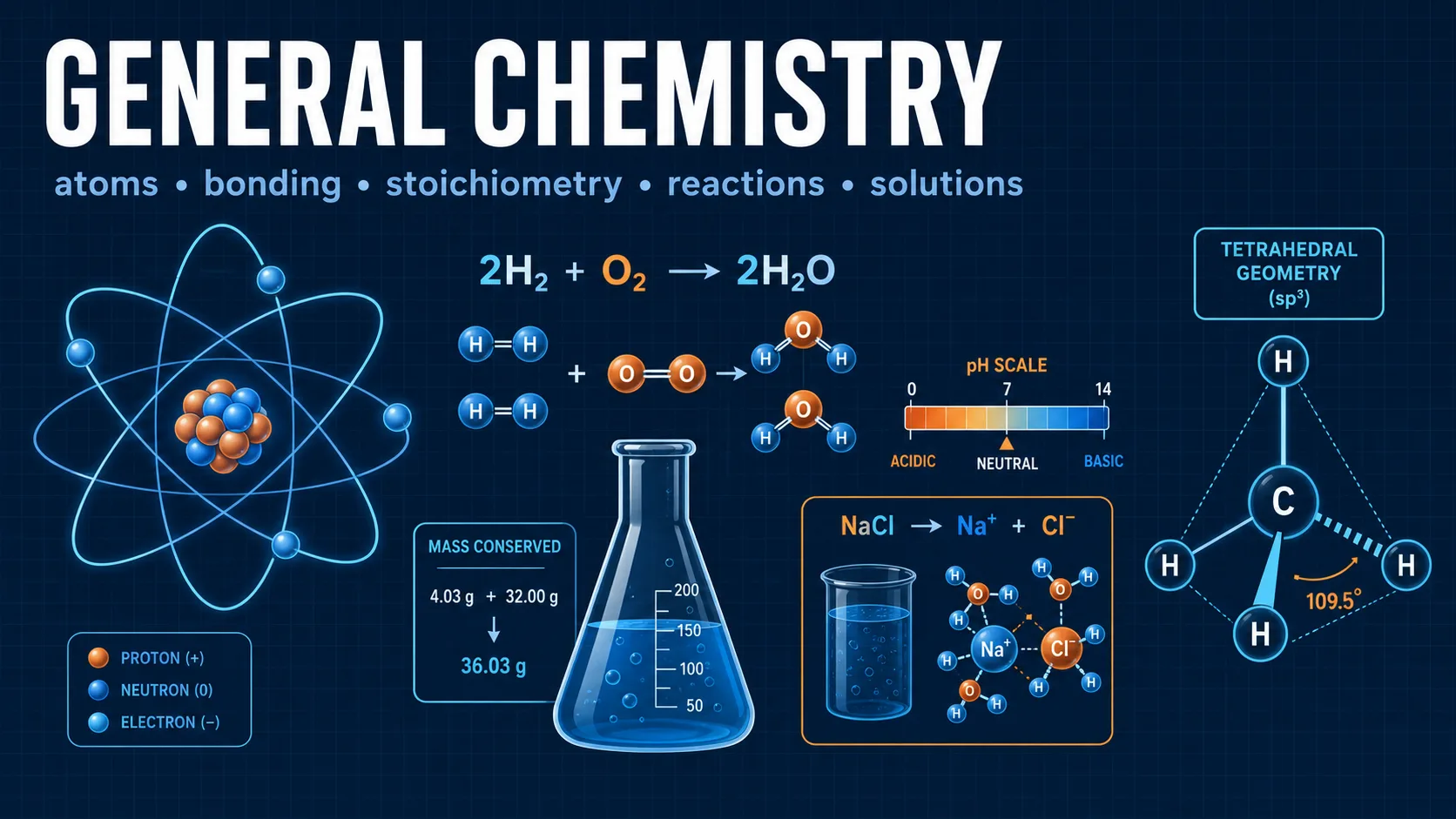 General Chemistry: labelled diagrams and key equations for general chemistry, stoichiometry, molar mass, and gas laws.