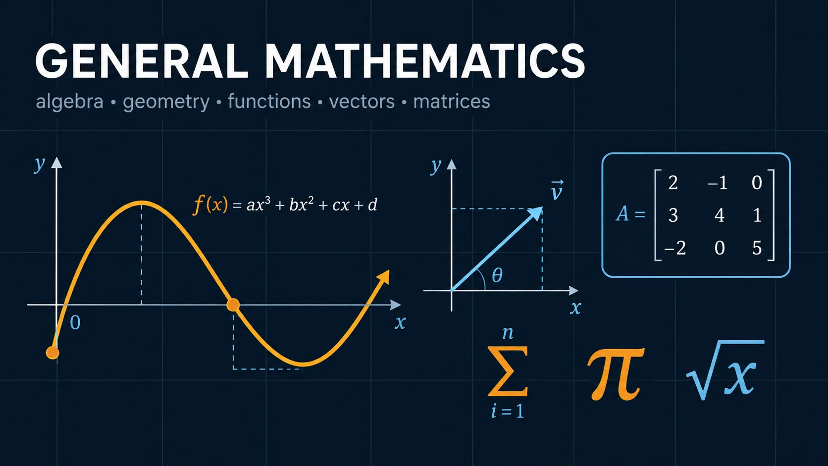 Math Workbench: labelled diagrams and key equations for calculator, algebra, vectors, and matrices.