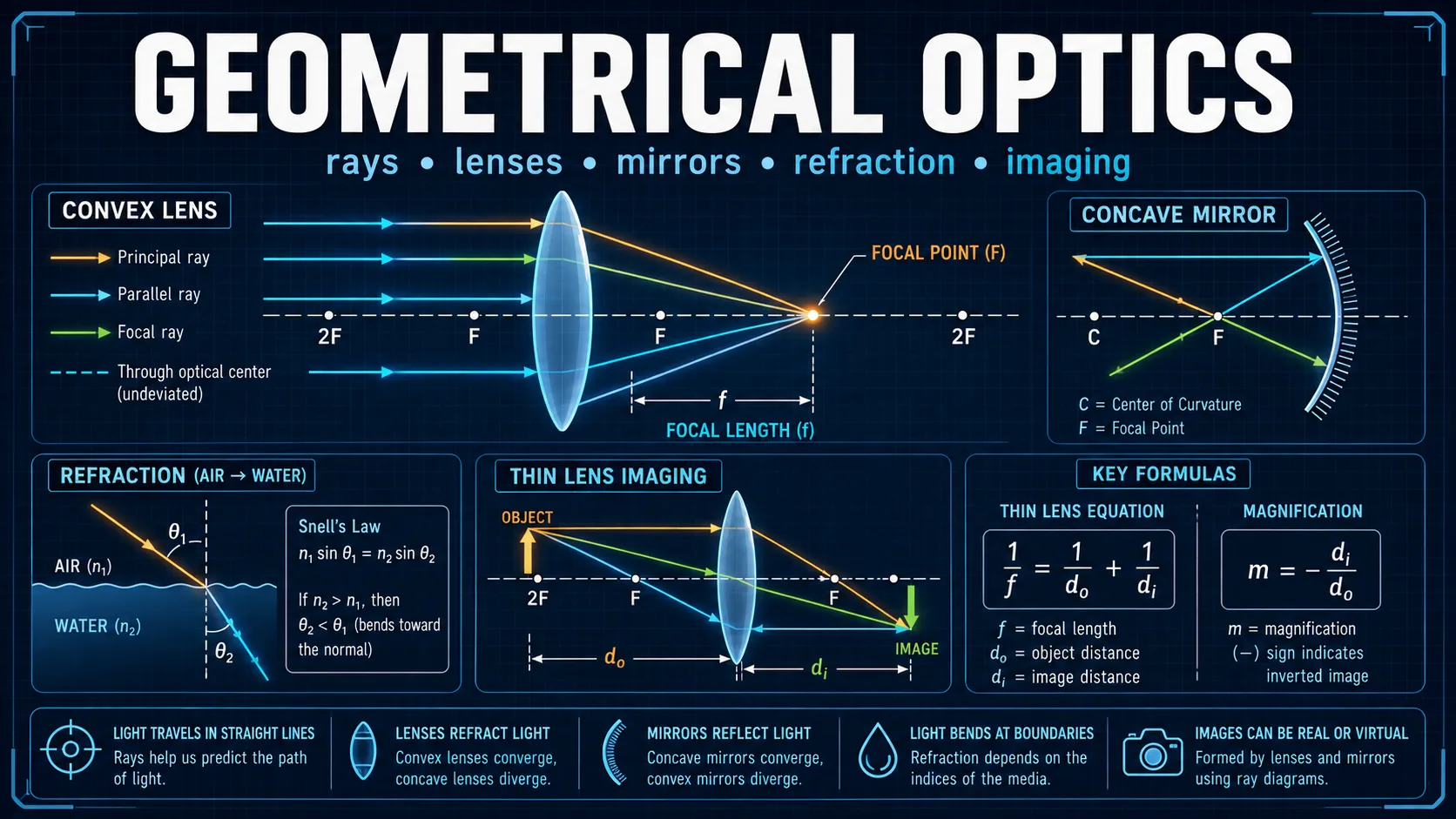 Geometrical Optics: labelled diagrams and key equations for refraction, lenses, mirrors, and prisms.