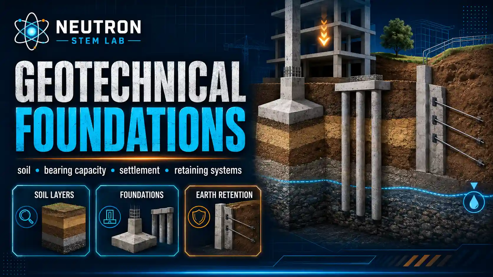 Geotechnical & Foundations: labelled diagrams and key equations for soil mechanics, foundations, earth pressure, and settlement.
