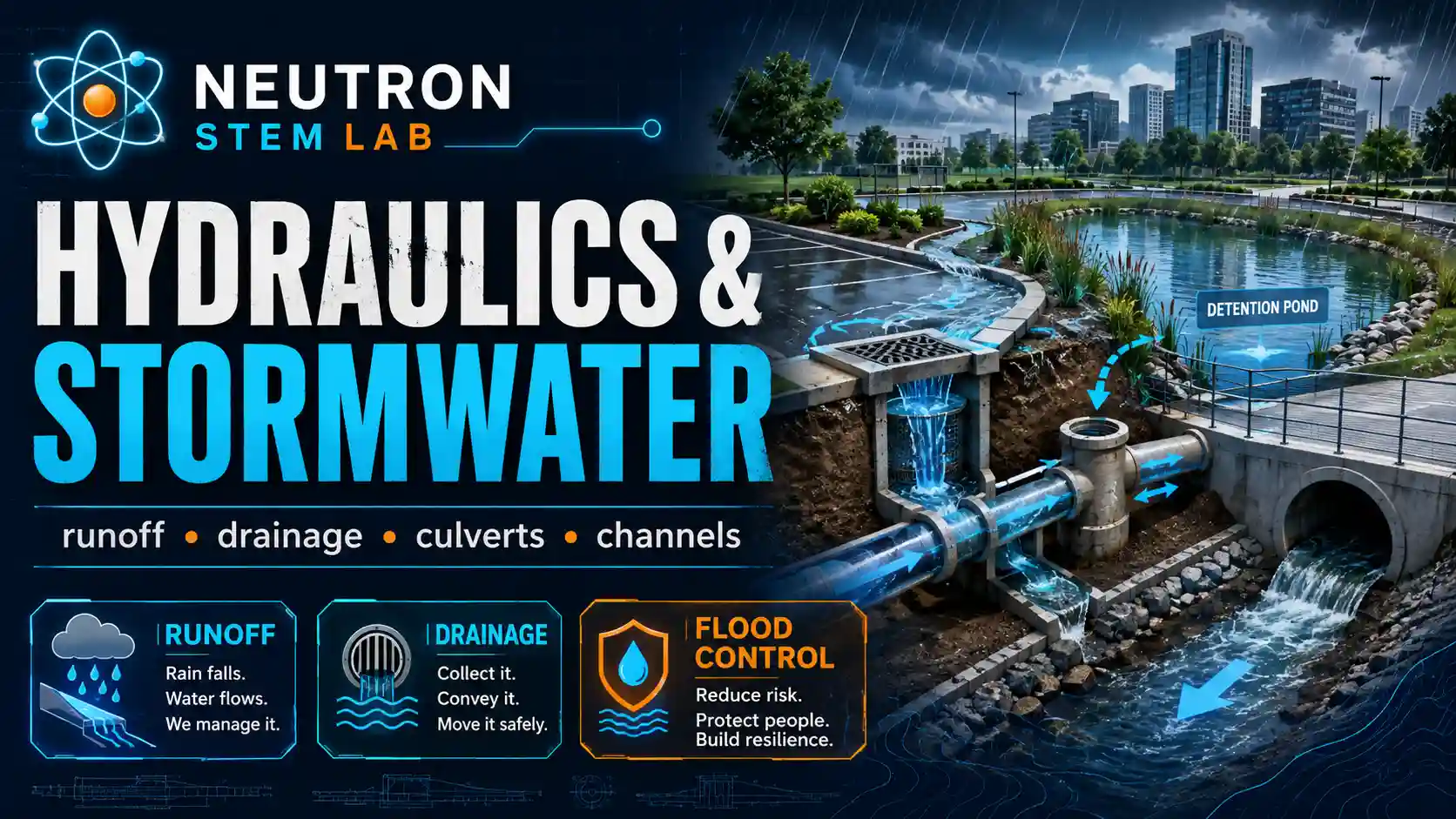 Hydraulics & Stormwater: labelled diagrams and key equations for hydraulics, stormwater, pipes, and open channels.
