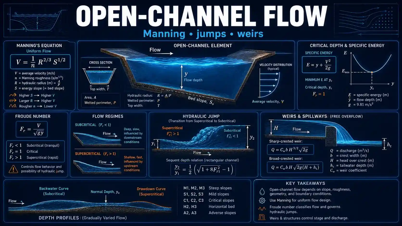 Open-Channel Flow: labelled diagrams and key equations for channels, Manning equation, hydraulic jump, and weirs.