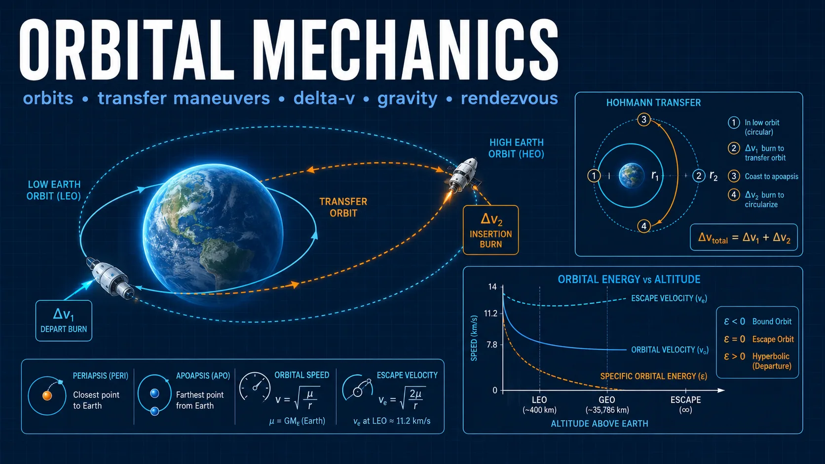 Orbital mechanics trajectory visualization with spacecraft orbit, central body, transfer geometry, and orbital parameters.