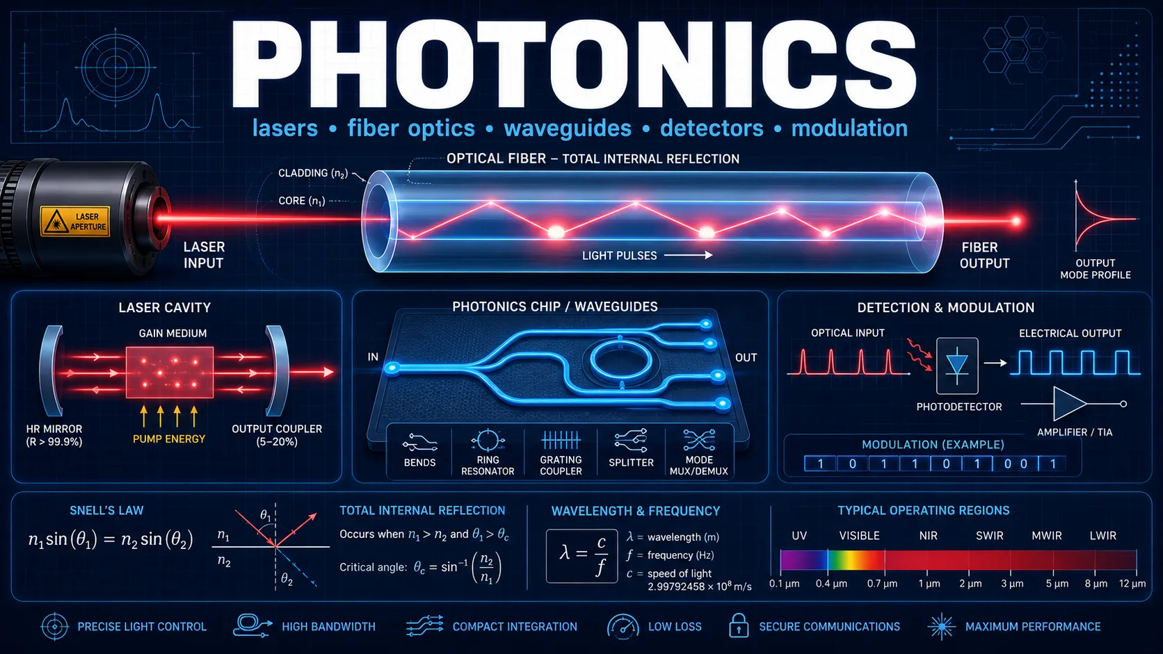 Photonics: labelled diagrams and key equations for photons, lasers, fiber optics, and photodetectors.