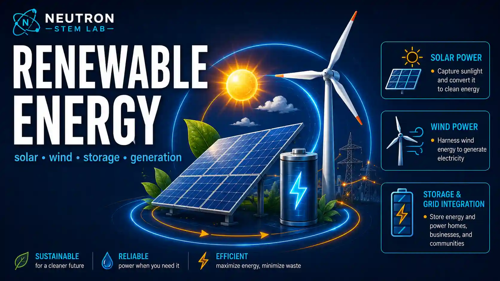 Renewable Energy Systems: labelled diagrams and key equations for solar, wind, hydro, and renewable energy.