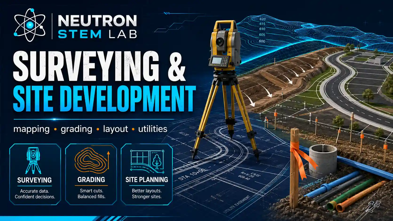 Surveying & Site: labelled diagrams and key equations for surveying, site development, coordinates, and curves.