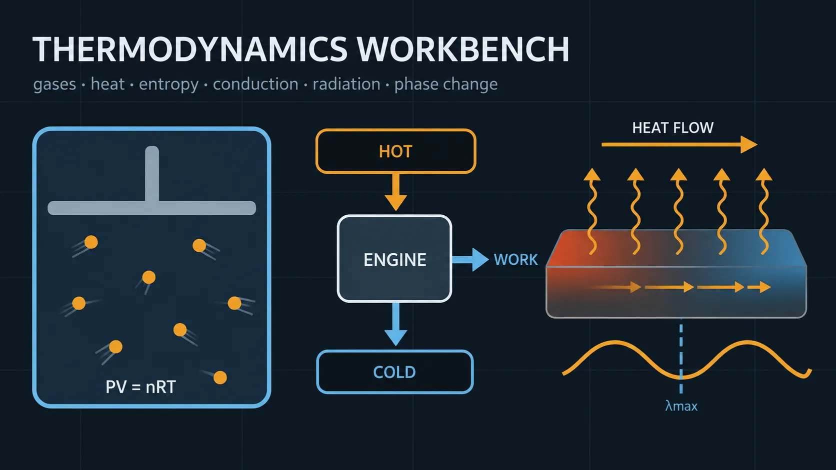 Thermodynamics: labelled diagrams and key equations for thermodynamics, ideal gas, heat transfer, and entropy.