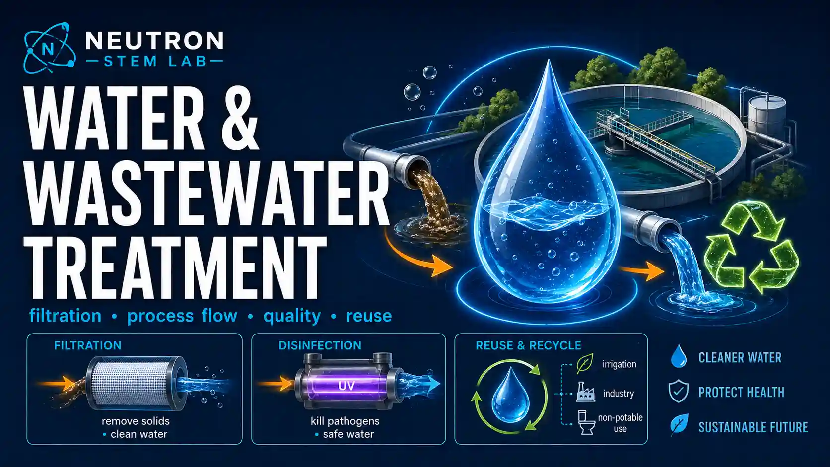 Water & Wastewater Treatment: labelled diagrams and key equations for water, wastewater, treatment, and disinfection.