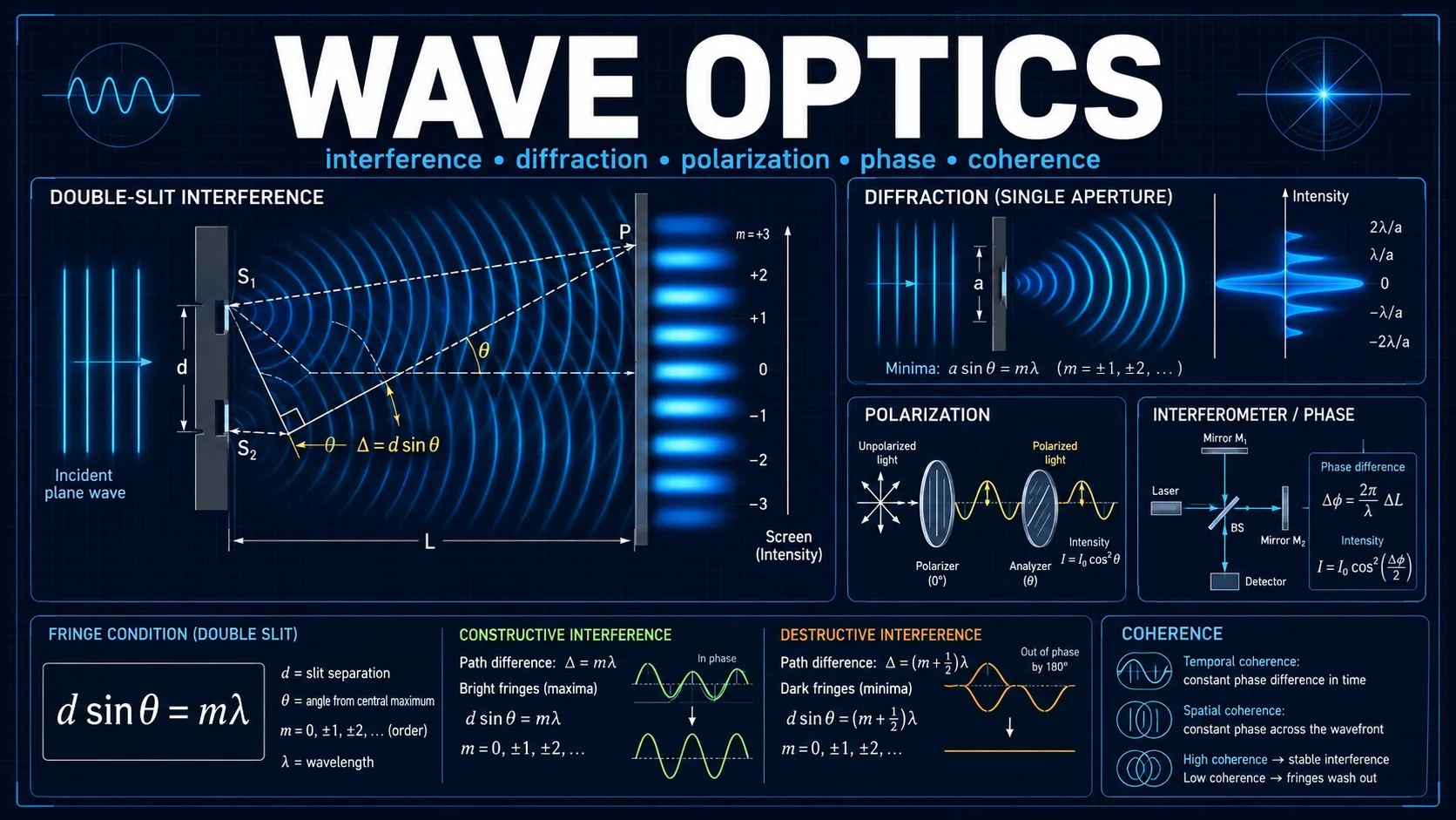 Wave Optics: labelled diagrams and key equations for interference, diffraction, polarization, and coherence.